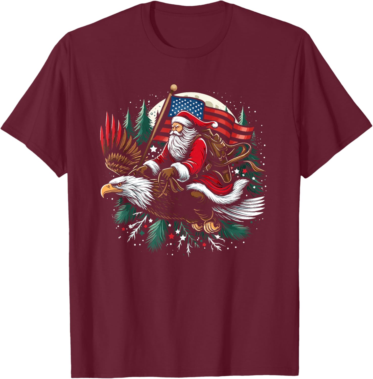 Santa Riding Eagle USA Flag Christmas T-Shirt - T-Shirt | Maroon
