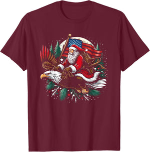 Santa Riding Eagle USA Flag Christmas T-Shirt - T-Shirt | Maroon