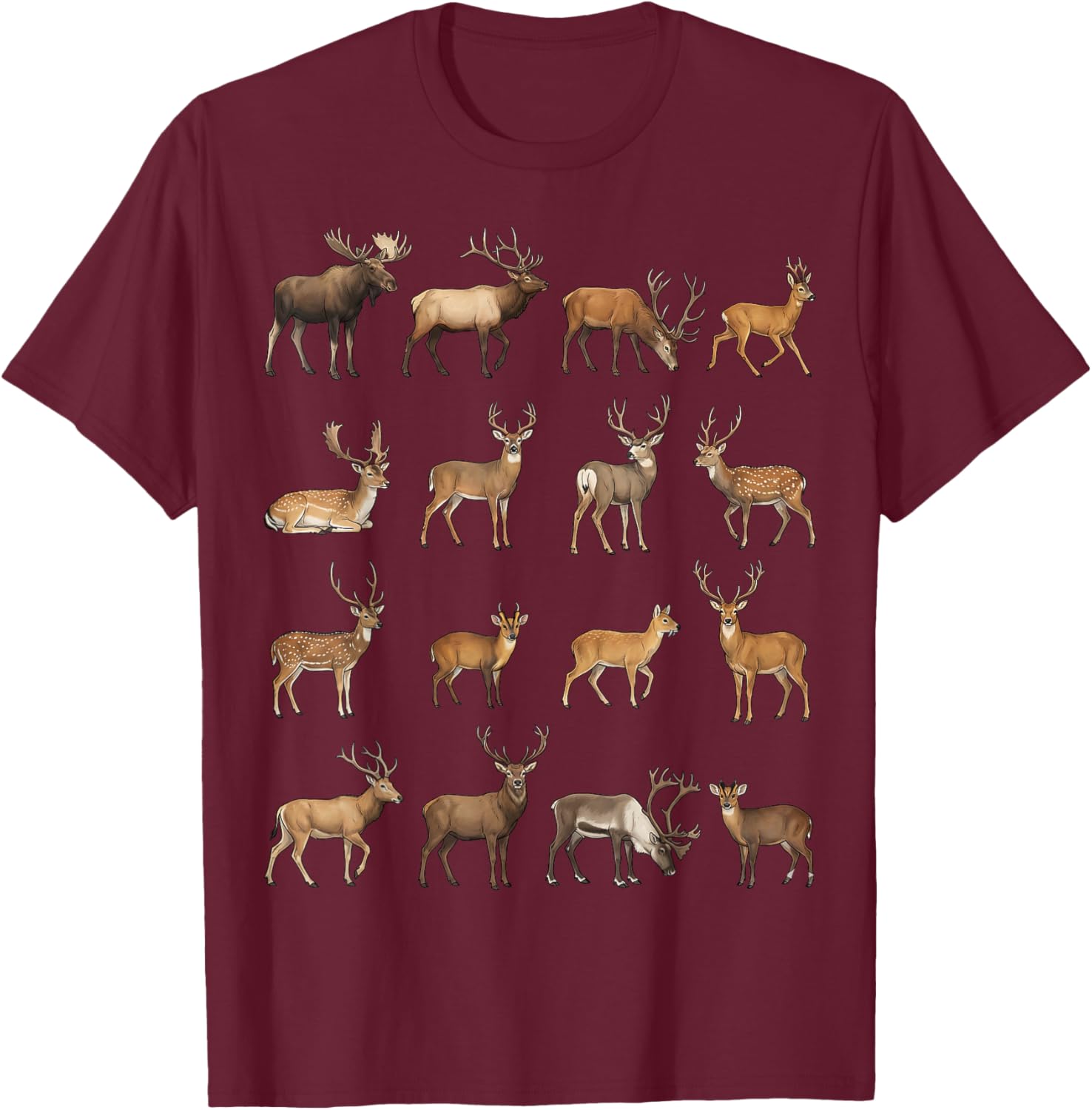 Types of Deer Species Wildlife Science Boys Girls Kids T-Shirt - T-Shirt | Maroon