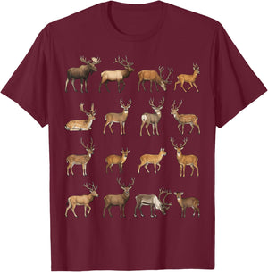 Types of Deer Species Wildlife Science Boys Girls Kids T-Shirt - T-Shirt | Maroon