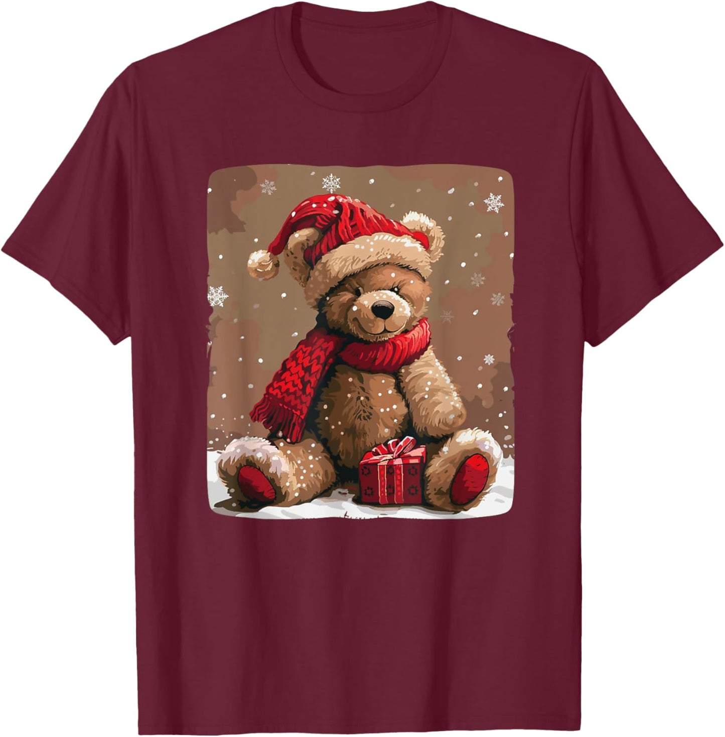 Happy Teddy Bear with Shawl and Christmas Hat Costume T-Shirt - T-Shirt | Maroon