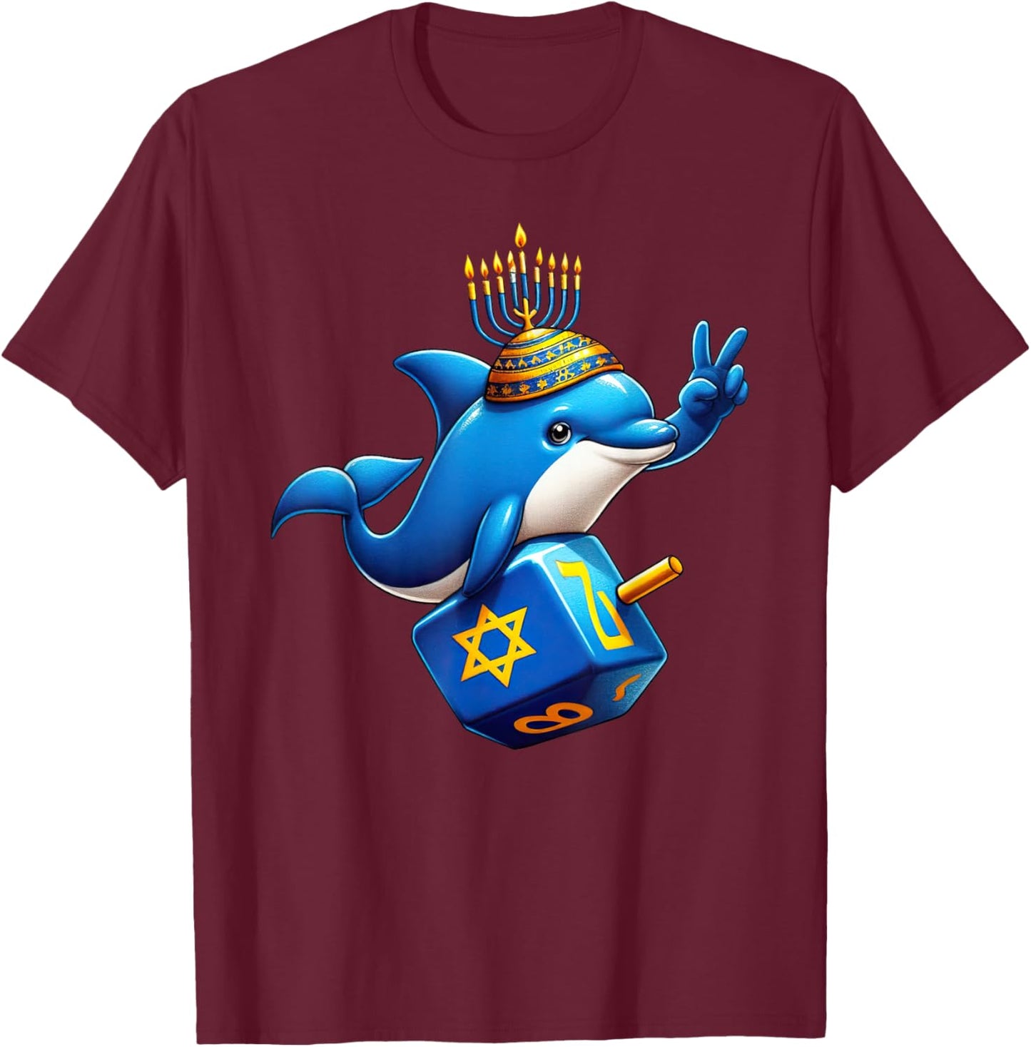 Dolphin Menorah Dreidel Jewish Hanukkah Kids T-Shirt - T-Shirt | Maroon