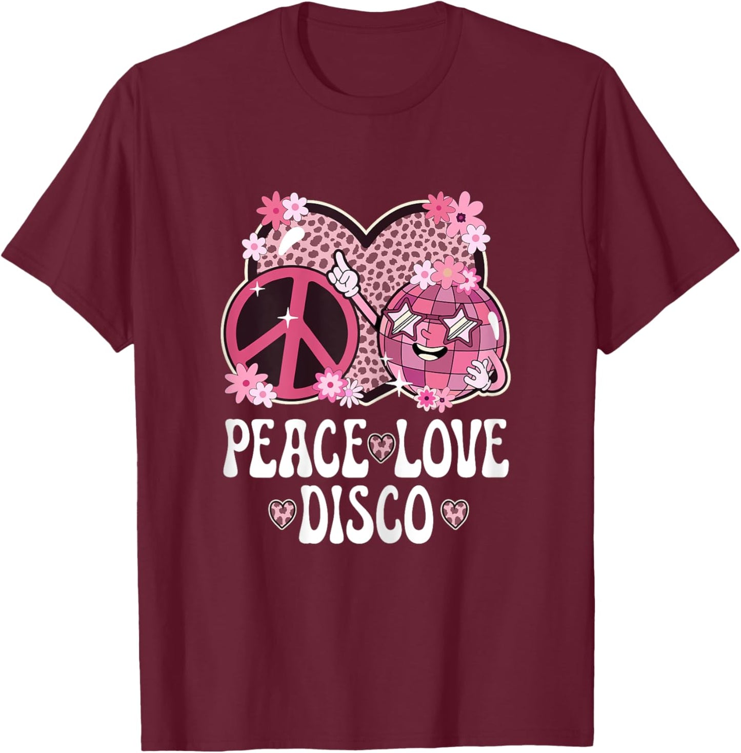 Peace Love Disco Outfit Cheetah Print Women Girls 70s Disco T-Shirt - T-Shirt | Maroon