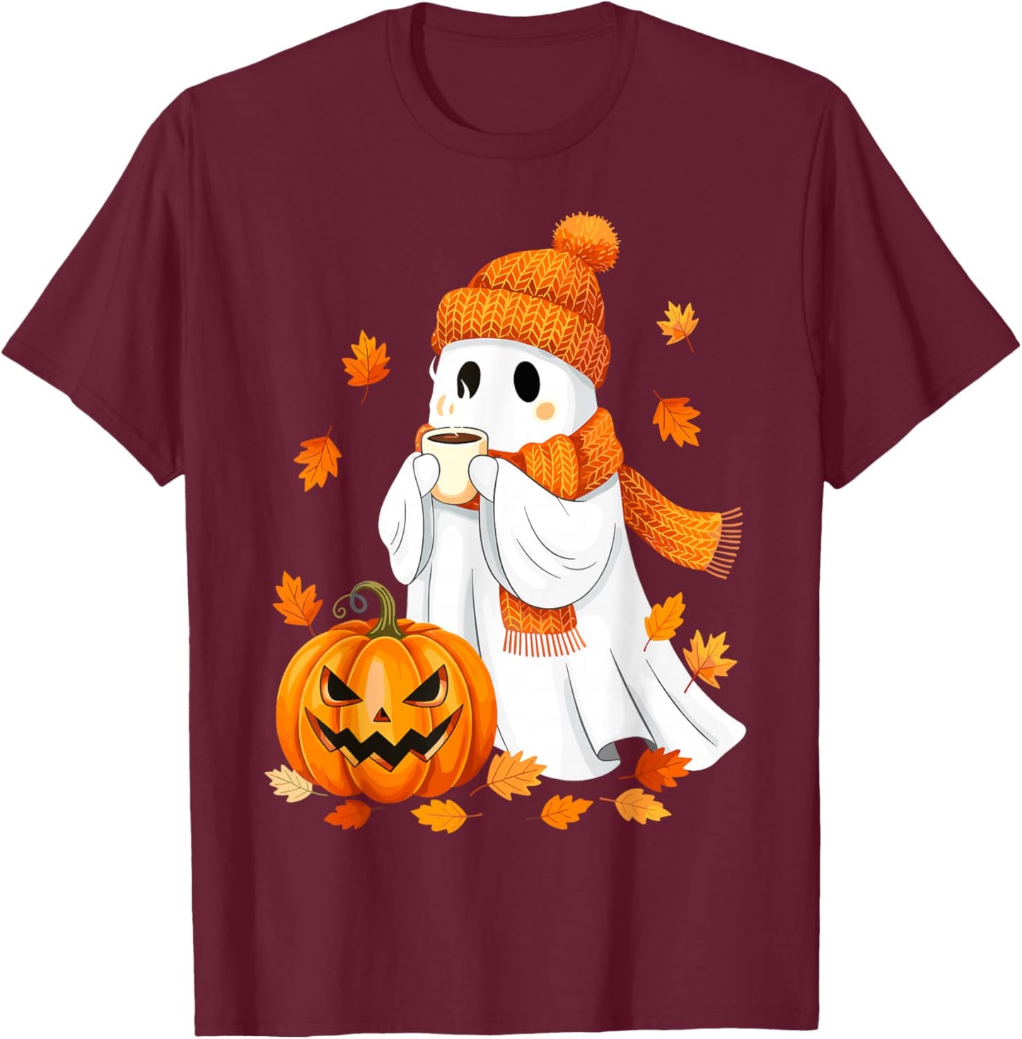 Halloween Ghost Pumpkin Fall Coffee Autumn T-Shirt - T-Shirt | Maroon