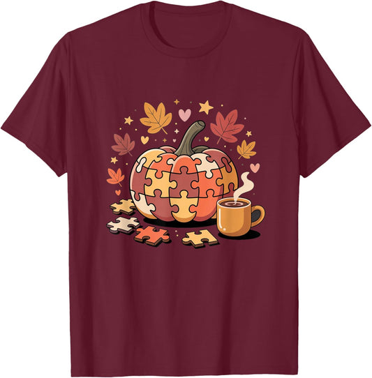 Fall Pumpkin Puzzles Leaves Autumn Cute Cozy Fun T-Shirt - T-Shirt | Maroon