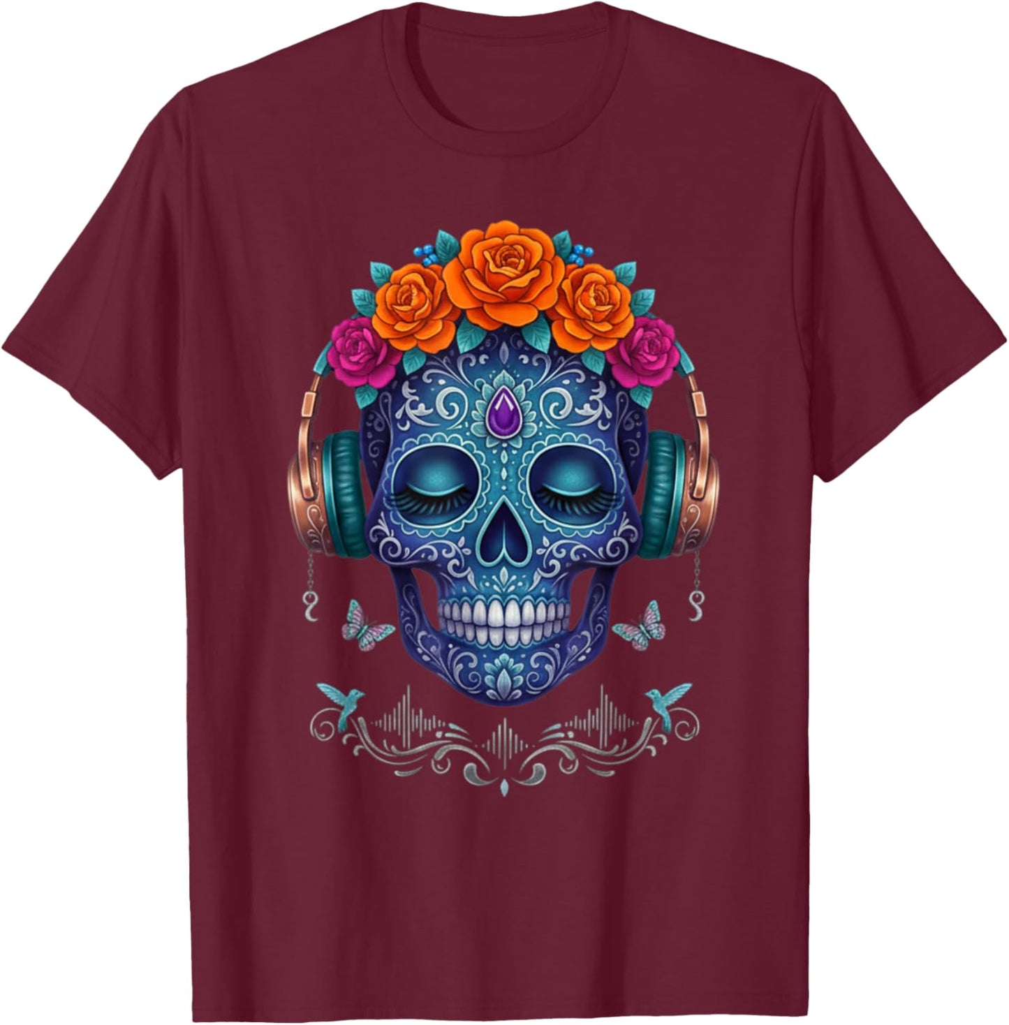 Blue Calavera Skull with Headphones and Flower T-Shirt - T-Shirt | Maroon