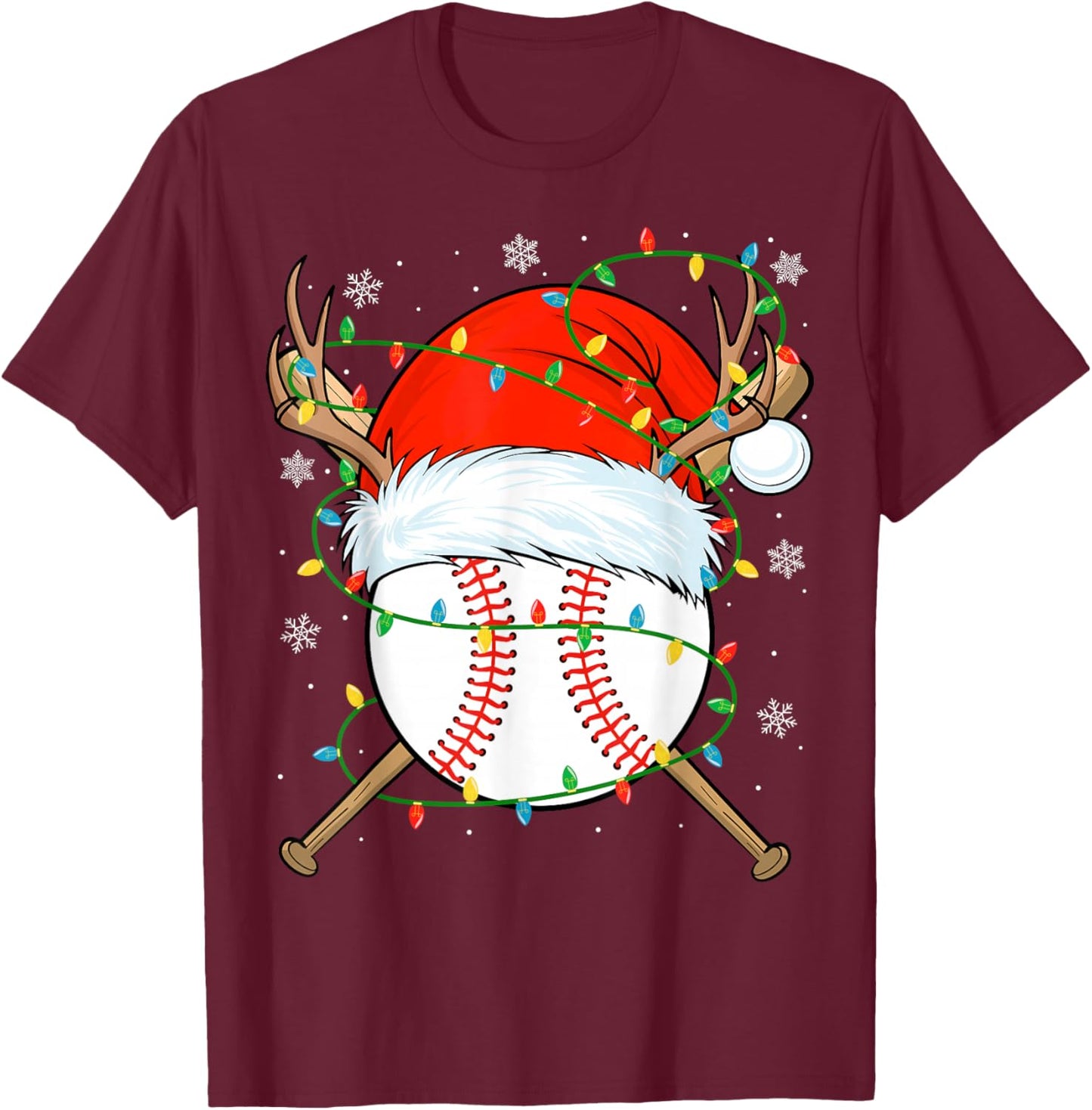 Santa Baseball Ball Xmas Lights Christmas Baseball Player T-Shirt - T-Shirt | Maroon