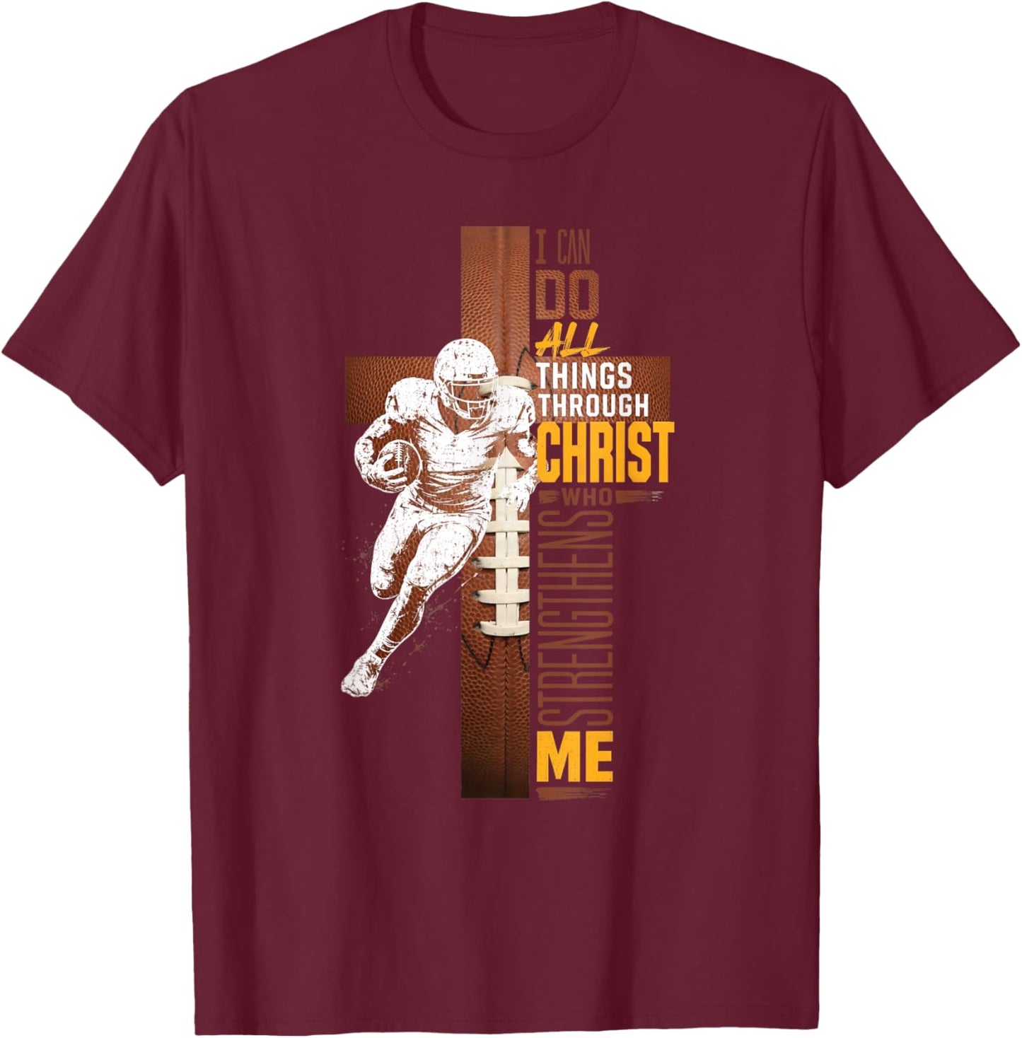 Christian Football Cross Athlete Faith Scripture Bible Verse T-Shirt - T-Shirt | Maroon