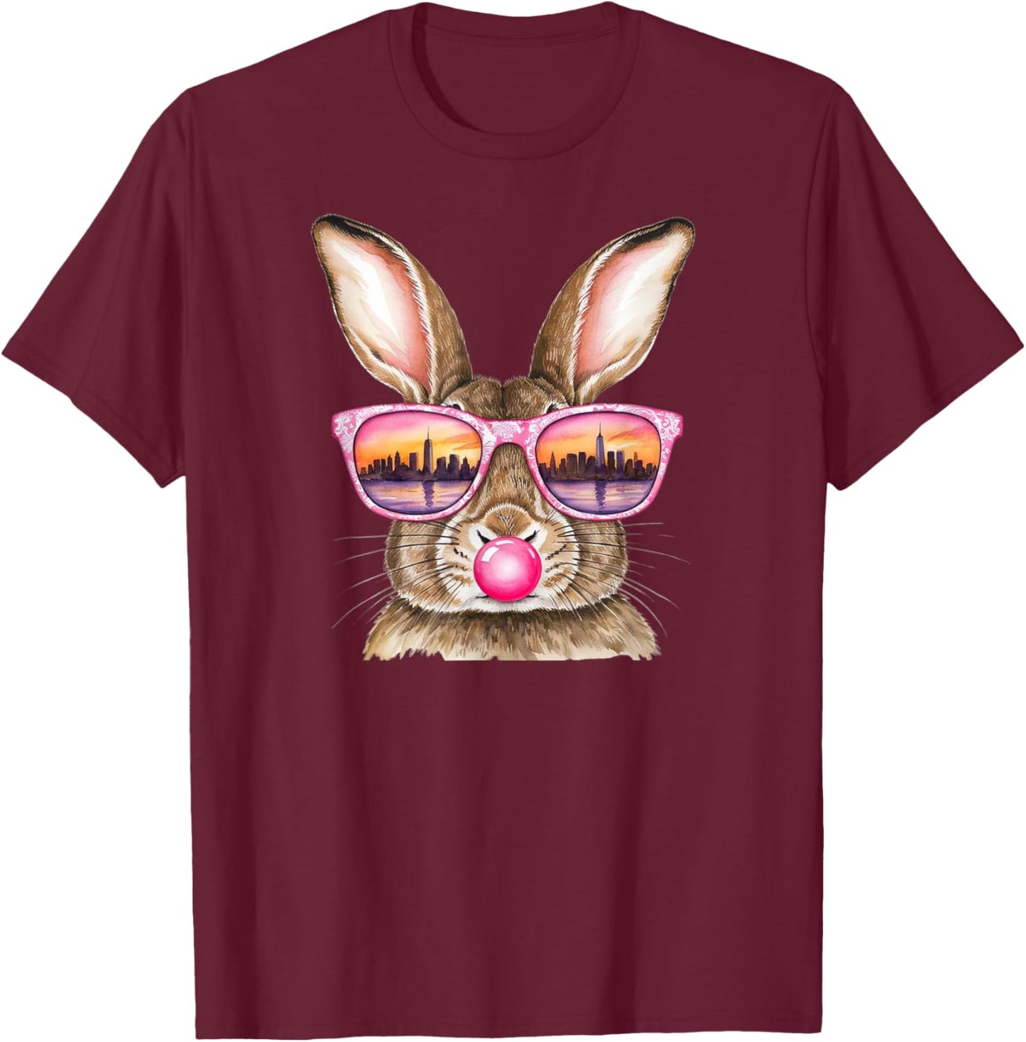 Rabbit Glasses NYC Skyline New York City Watercolor Design T-Shirt - T-Shirt | Maroon