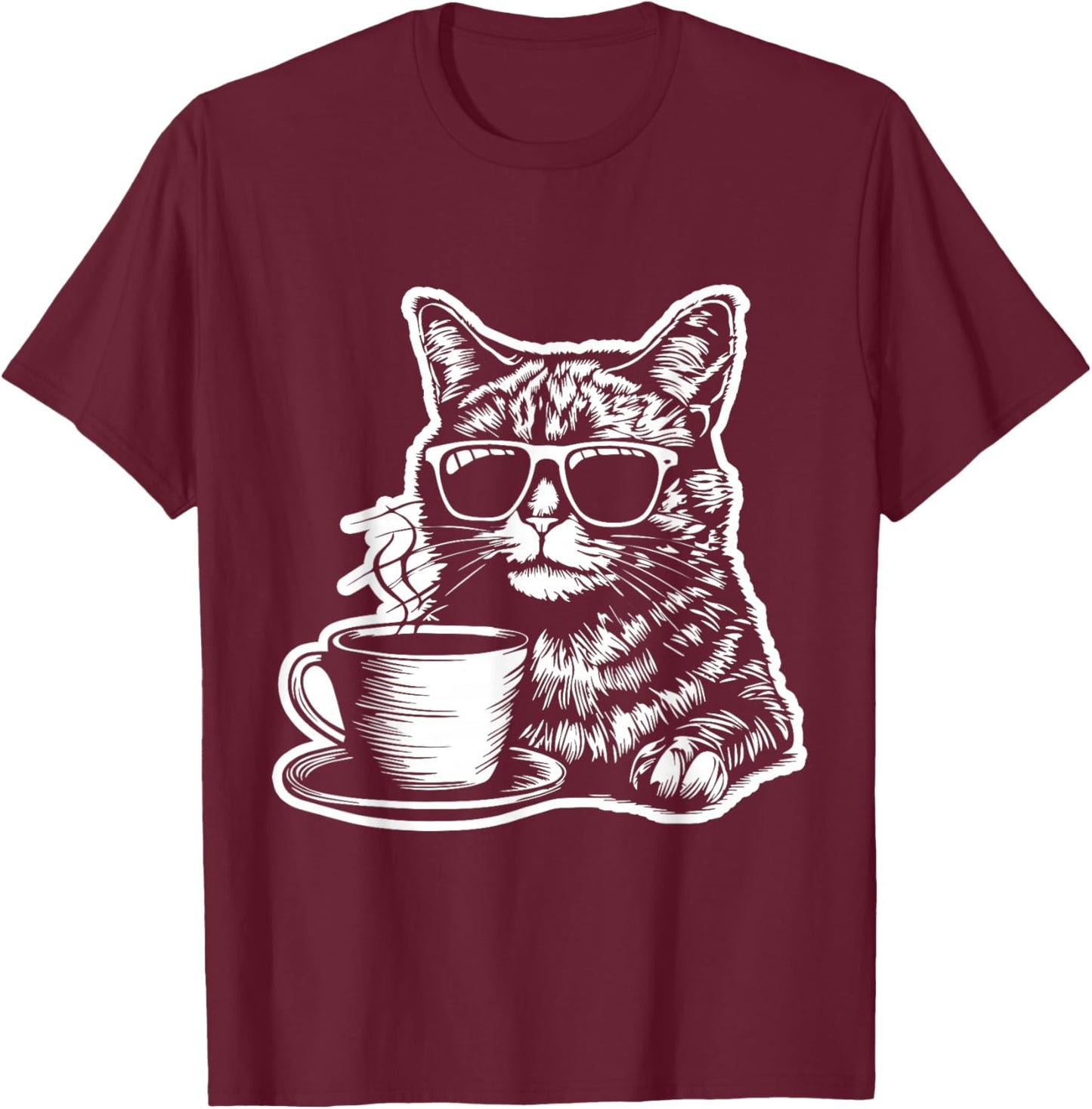Cat Drinking Coffee Fun and Quirky Art Design Women Kids T-Shirt - T-Shirt | Maroon