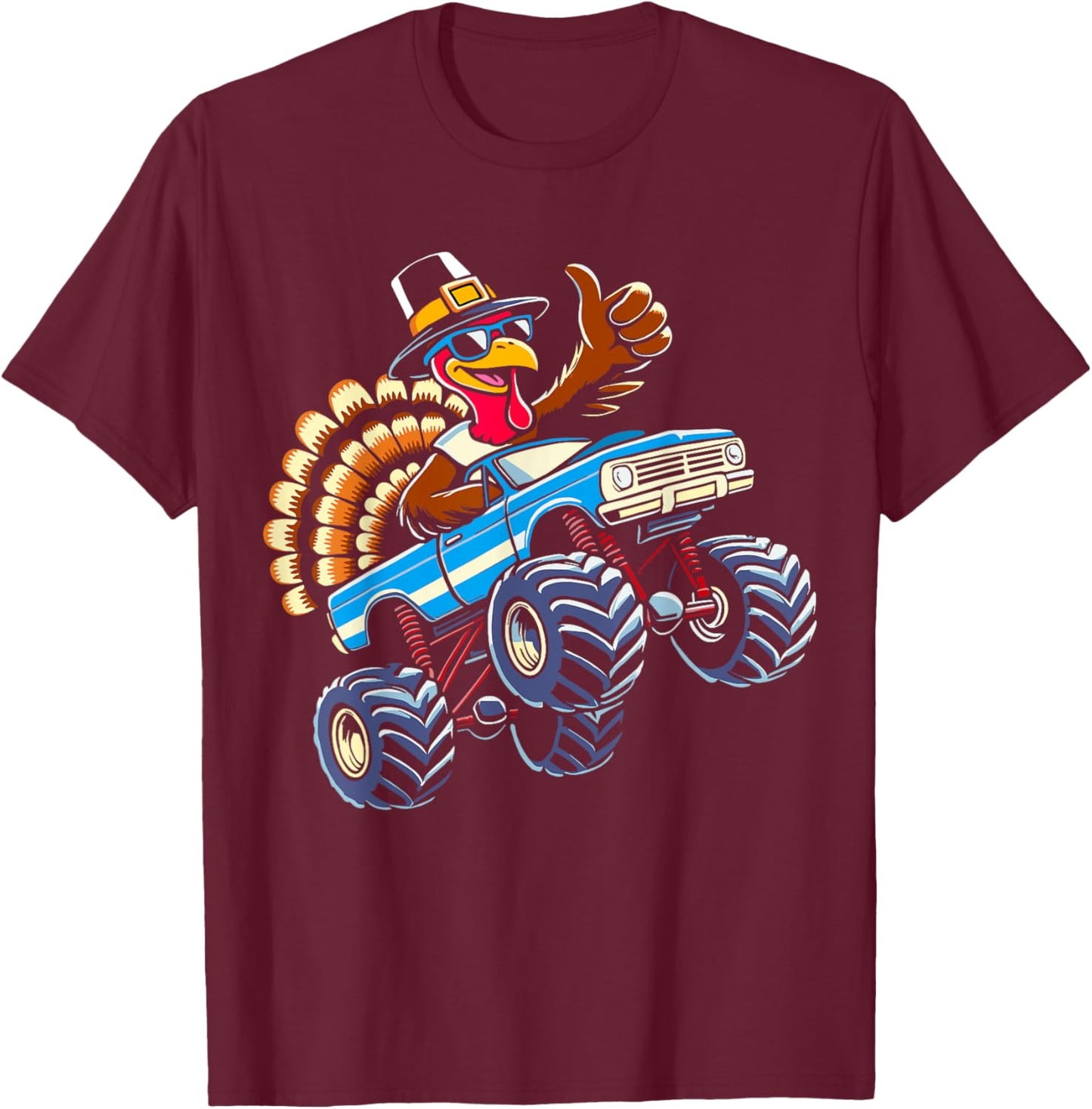 Turkey riding monster truck for boys kids thanksgiving T-Shirt - T-Shirt | Maroon