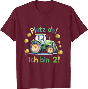 Cute Green Tractor Birthday with German Text "Platz da!" T-Shirt - T-Shirt | Maroon
