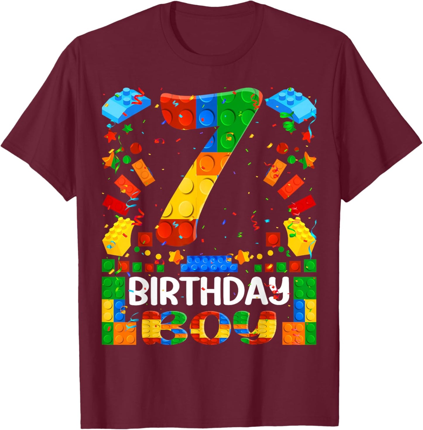 7 Year Old Building Blocks 7th Birthday Boy Brick Builder T-Shirt - T-Shirt | Maroon