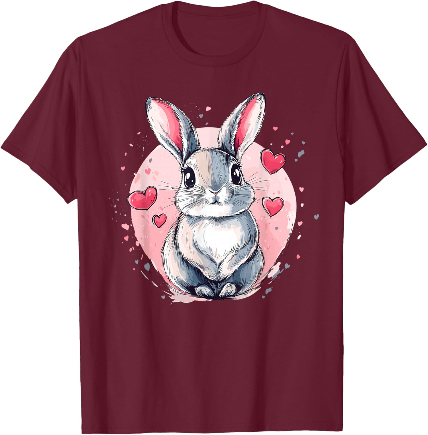 Bunny Surrounded By Pink Hearts T-Shirt - T-Shirt | Maroon