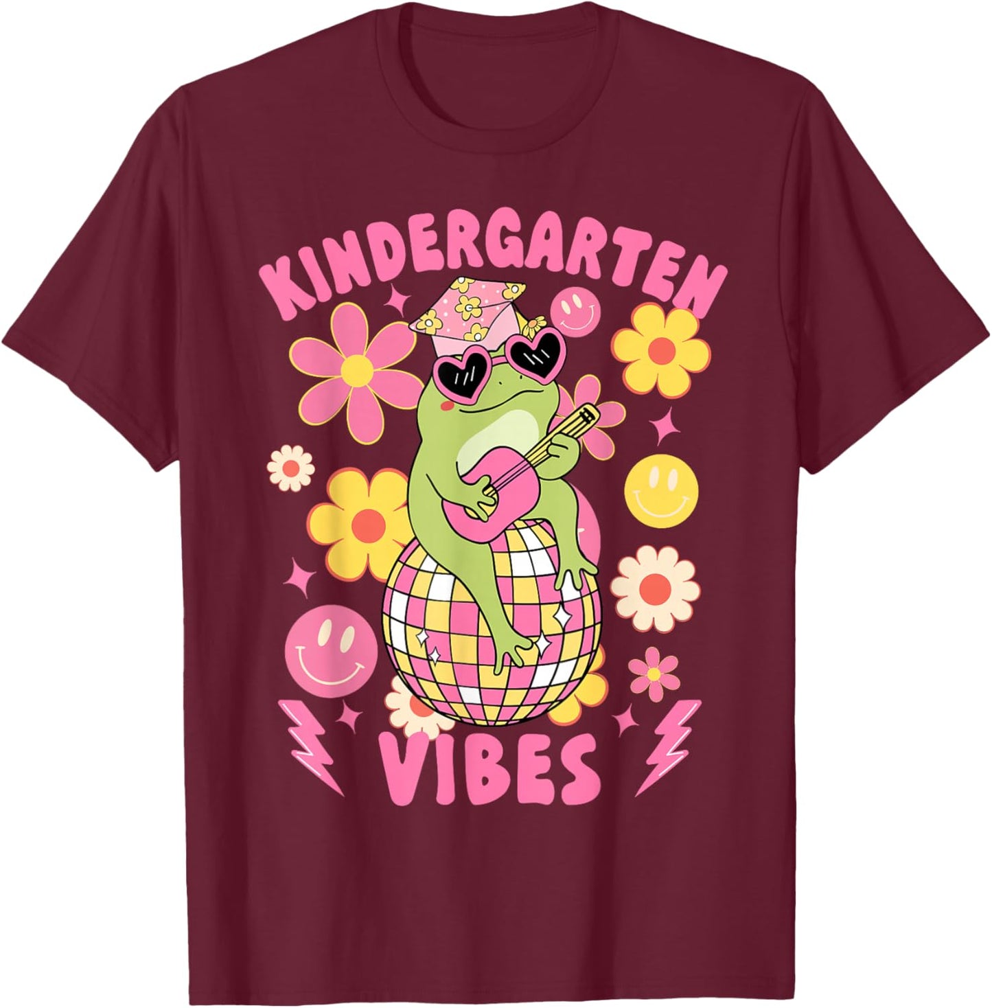 Kindergarten Vibes Groovy Kindergarten Back To School Frog T-Shirt - T-Shirt | Maroon