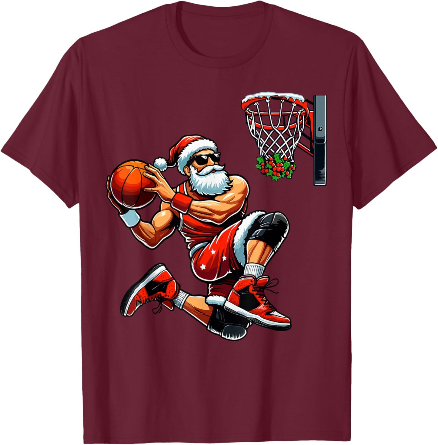 Santa Basketball Player Dunking Xmas Christmas Basketball T-Shirt - T-Shirt | Maroon