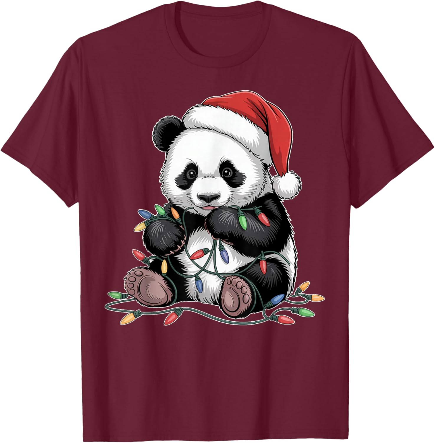 Funny Panda Lights Xmas Graphic Design T-Shirt - T-Shirt | Maroon