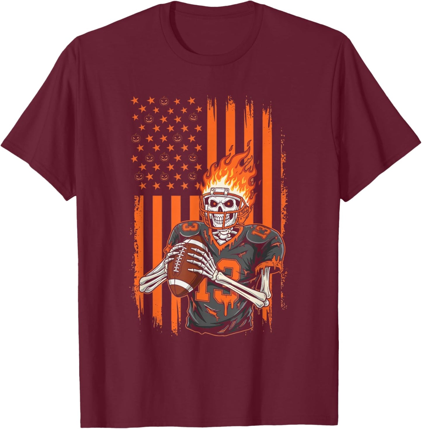 Skeleton Football Player Spooky Halloween Sports Outfit T-Shirt - T-Shirt | Maroon