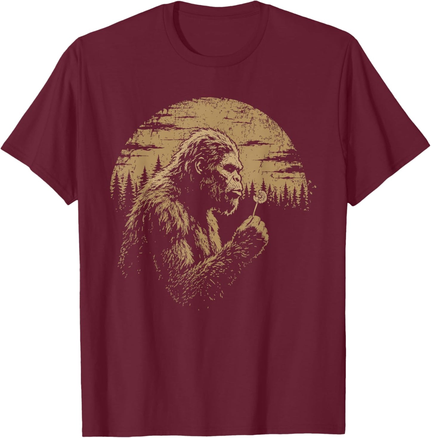 Blowing Wishes Funny Bigfoot Blowing Dandelion Vintage Art T-Shirt - T-Shirt | Maroon