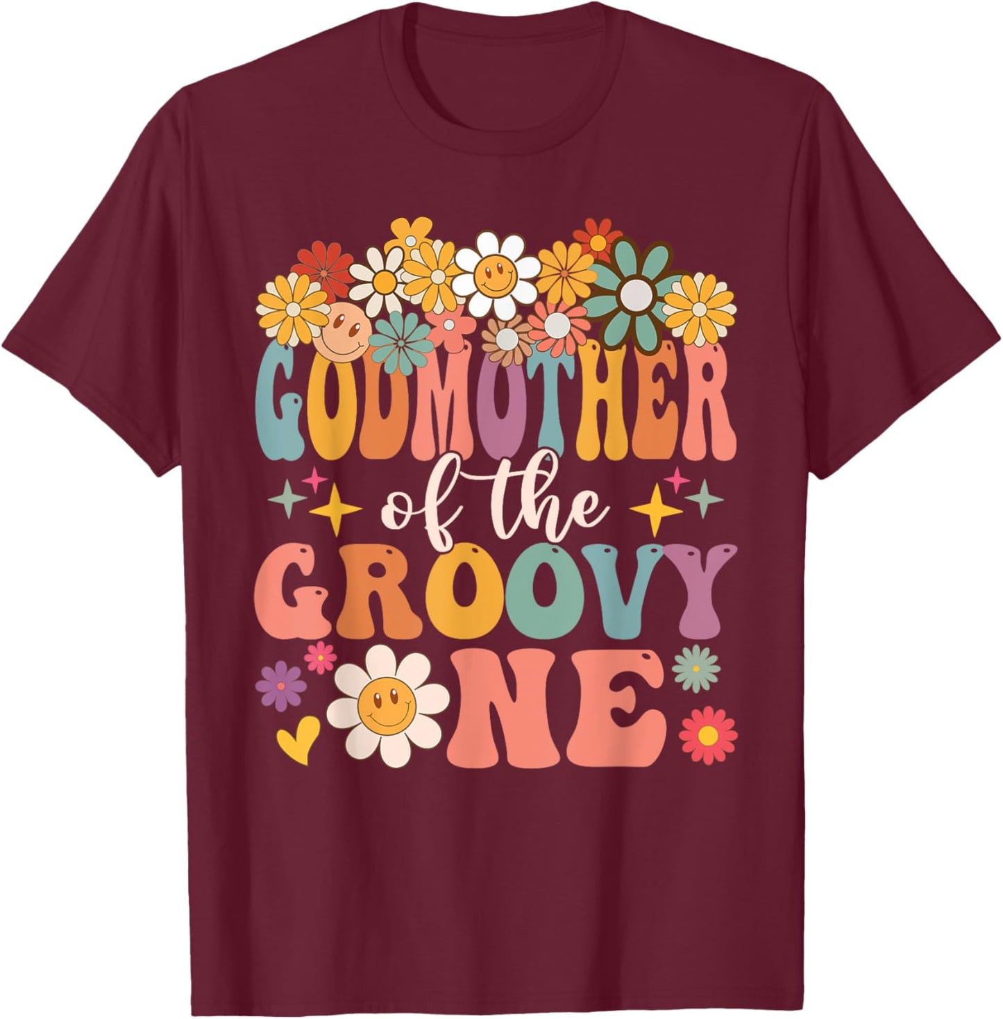 Retro Godmother of Groovy One Matching Family 1st Birthday T-Shirt - T-Shirt | Maroon