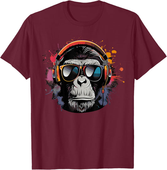 DJ Monkey with Sunglasses DJ Monkey Headphones T-Shirt - T-Shirt | Maroon