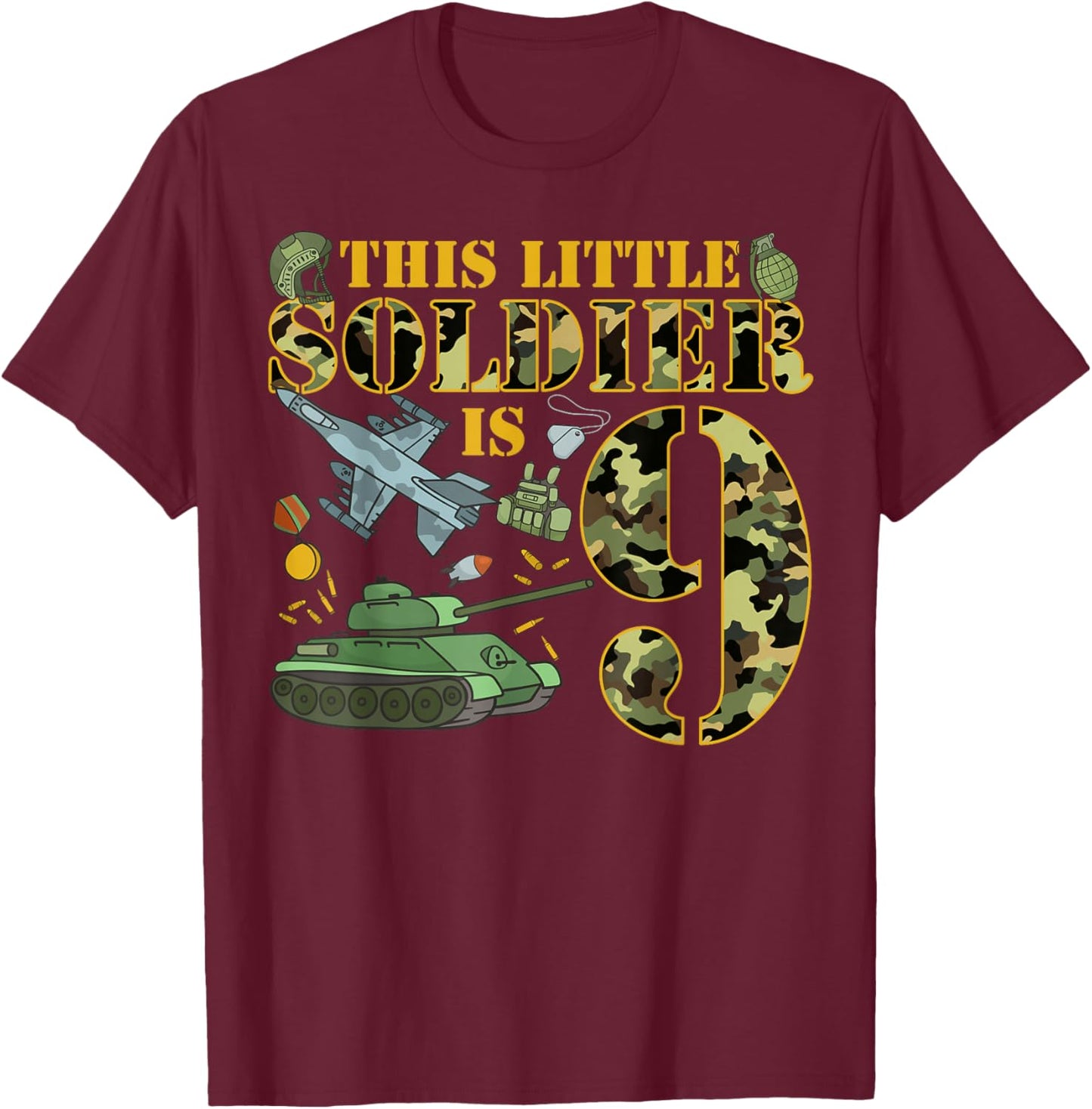9 Years Old Soldier Birthday Boy 9th Birthday Camo T-Shirt - T-Shirt | Maroon