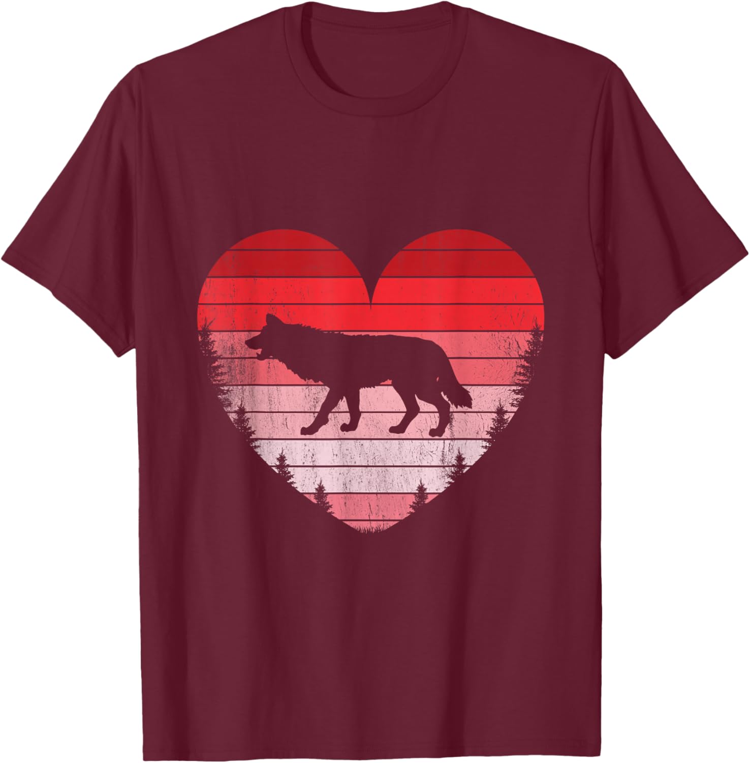 Wolf Heart Love Valentine's Day Vintage Retro Sunset T-Shirt - T-Shirt | Maroon