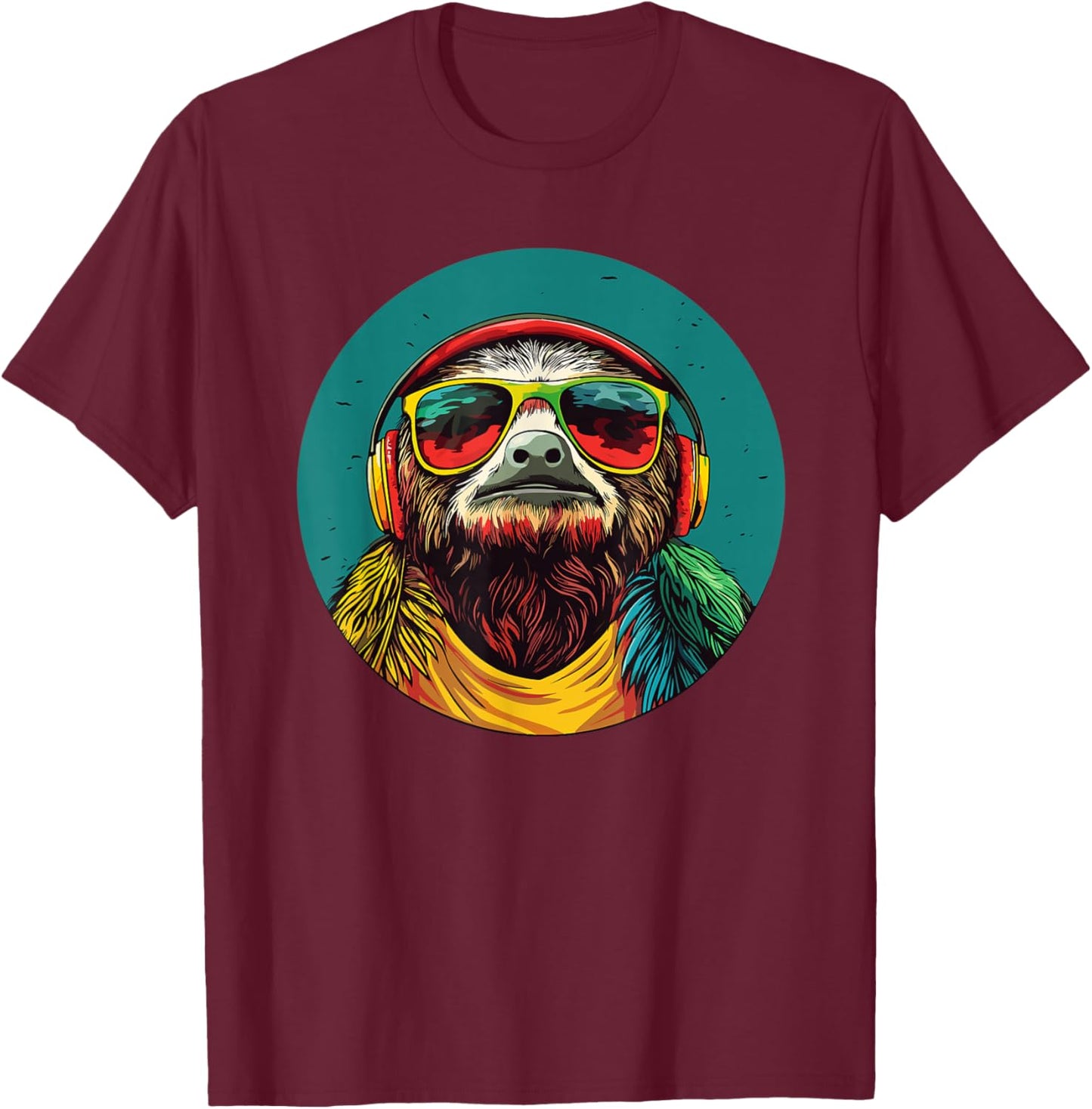 Sloth With Headphones And Sunglasses T-Shirt - T-Shirt | Maroon