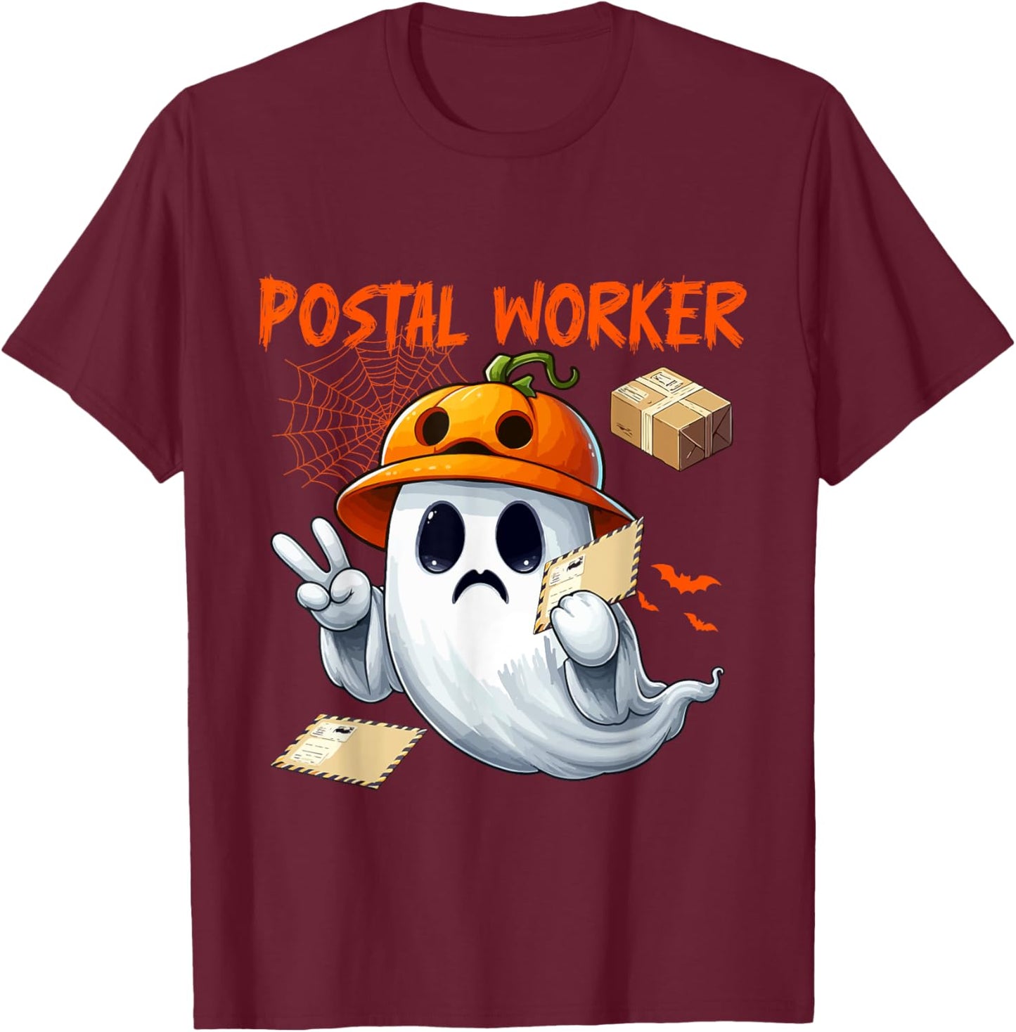 Postal Worker Job Halloween Ghost Boo Pumpkin Matching Team T-Shirt - T-Shirt | Maroon