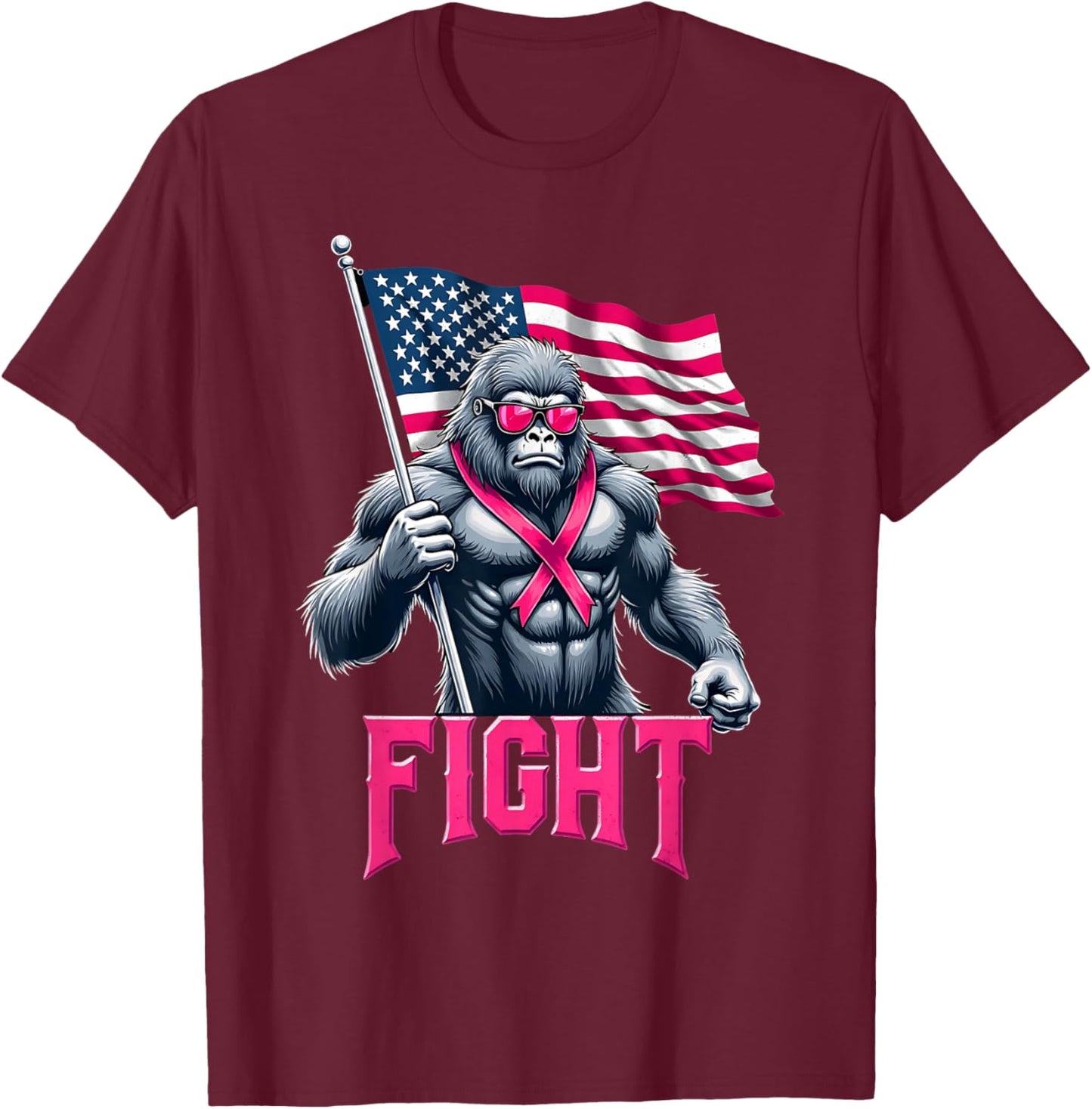 Bigfoot Sasquatch Fight Breast Cancer Awareness Pink Ribbon T-Shirt - T-Shirt | Maroon