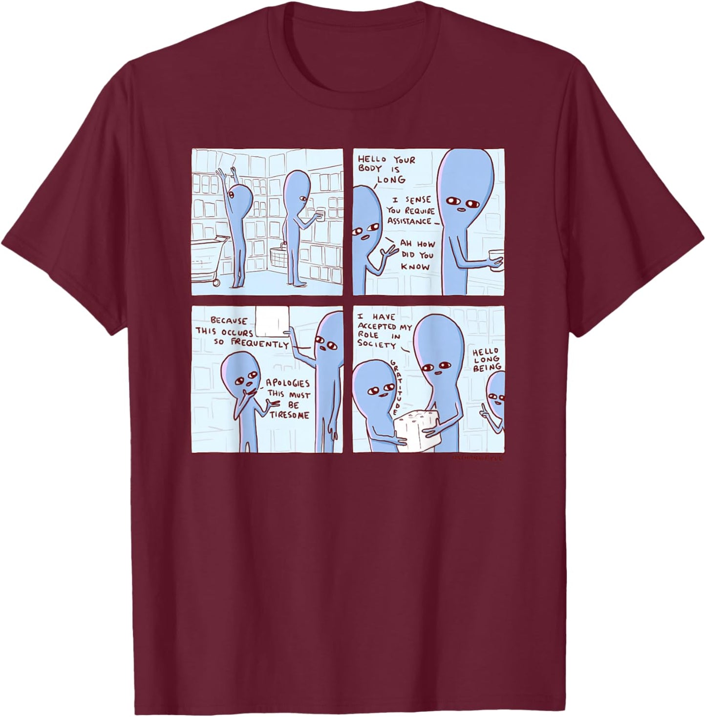 Threadless Nathan W. Pyle Strange Planet Long Being Graphic T-Shirt - T-Shirt | Maroon