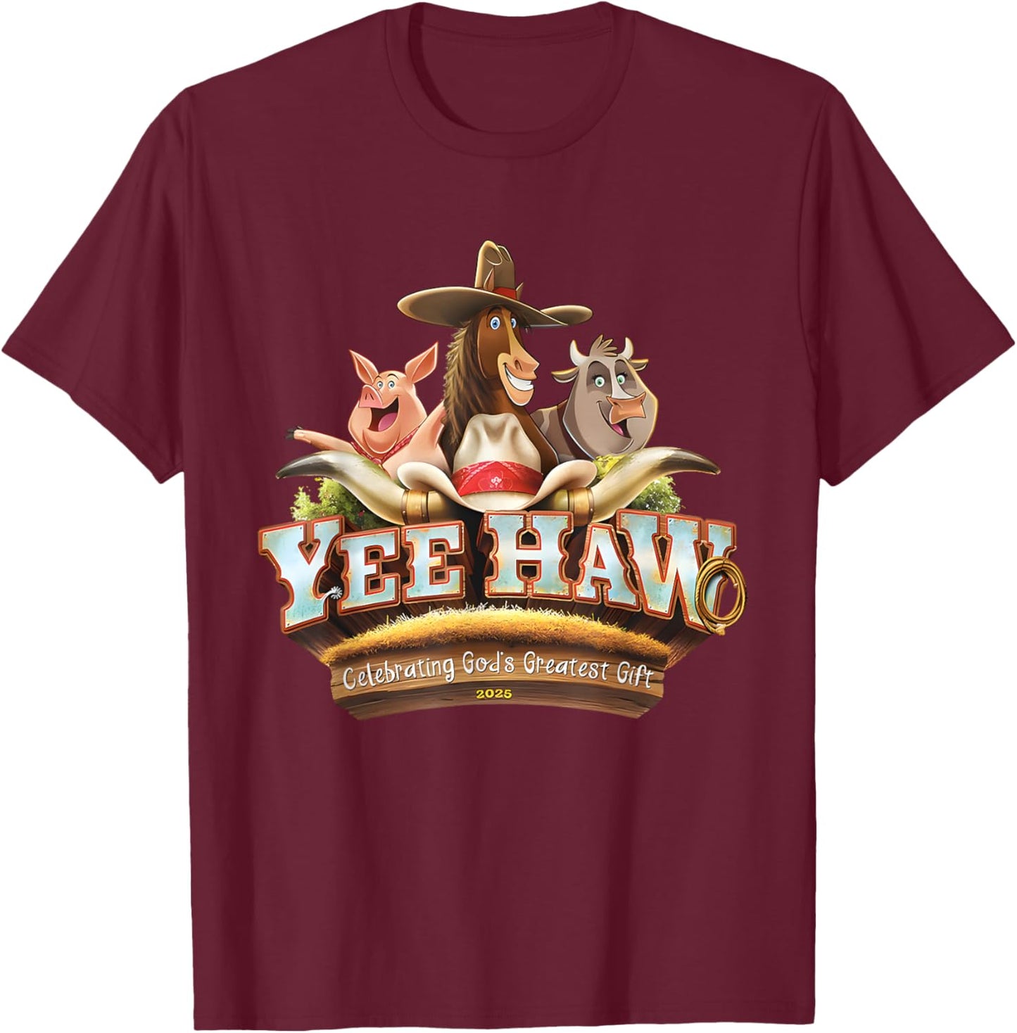 Yee Haw VBS 2025 Animal Farm Vacation Bible School T-Shirt - T-Shirt | Maroon