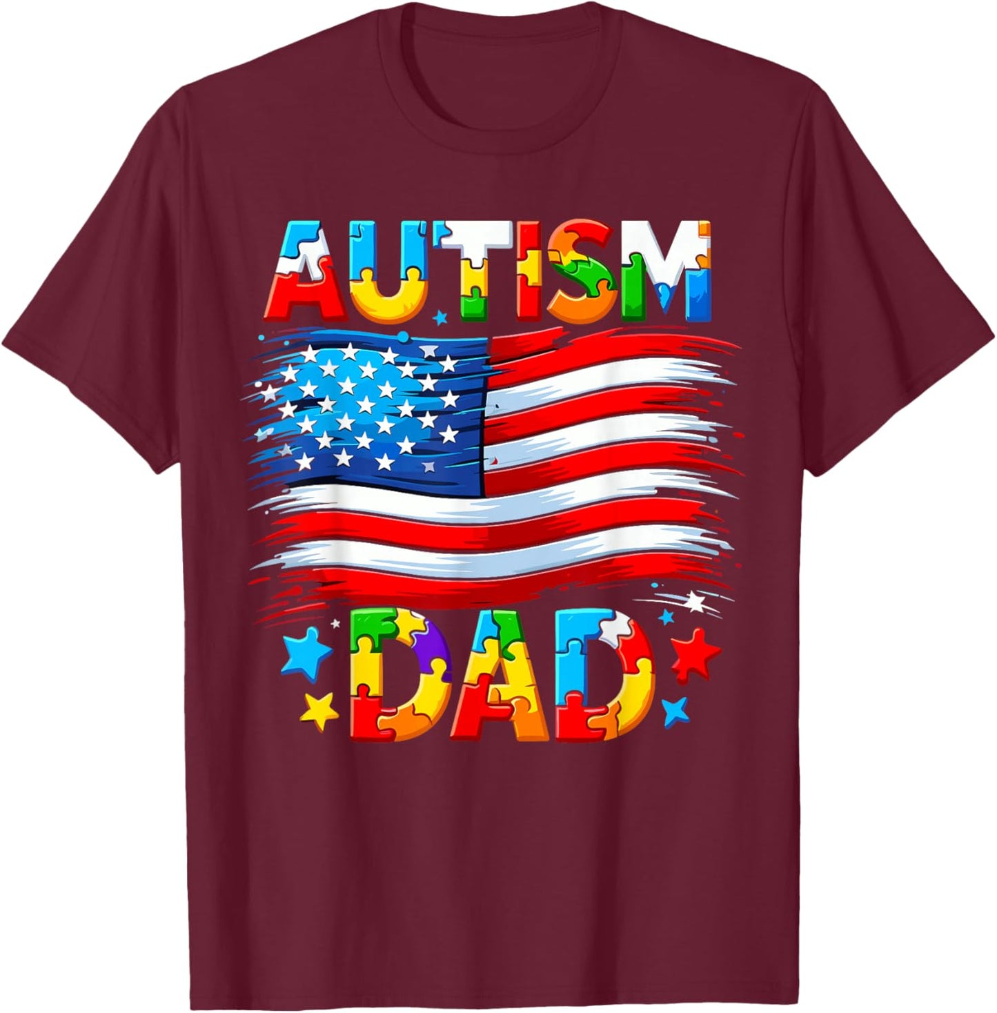 Autism Dad Awareness USA American Flag T-Shirt - T-Shirt | Maroon