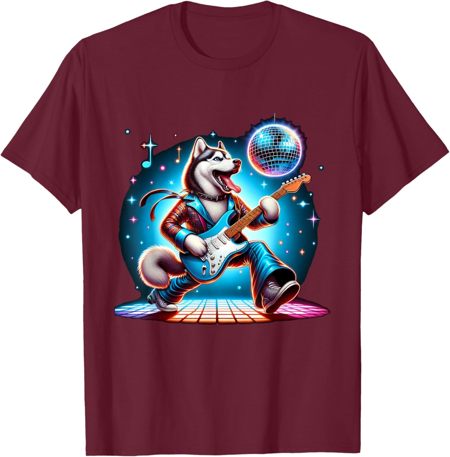 Disco Ball Guitar Husky Dog Men Women Kids T-Shirt - T-Shirt | Maroon