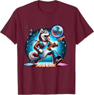Disco Ball Guitar Husky Dog Men Women Kids T-Shirt - T-Shirt | Maroon
