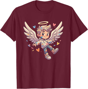 Adorable Little Angel Boy with Wings and Hearts Halo T-Shirt - T-Shirt | Maroon