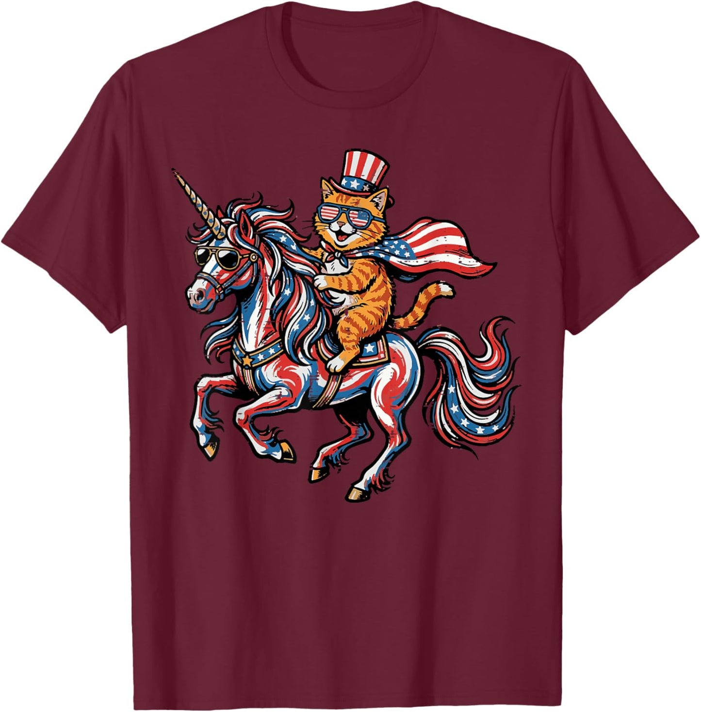 4th of July Cat On Unicorn US Flag Patriotic Women Girl Kids T-Shirt - T-Shirt | Maroon
