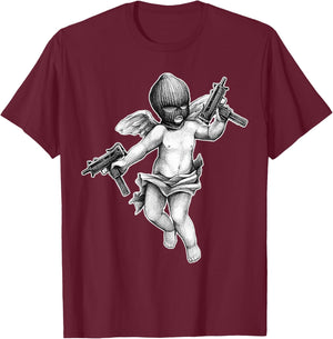 Cherub Angel Gangster Uzi Blackwork T-Shirt - T-Shirt | Maroon