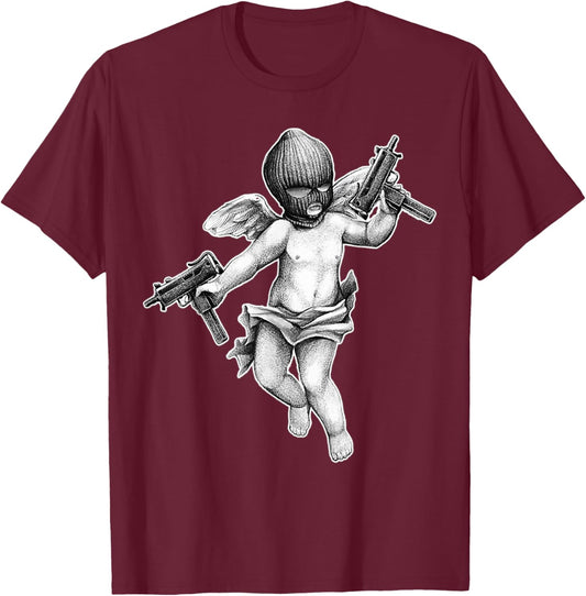 Cherub Angel Gangster Uzi Blackwork T-Shirt - T-Shirt | Maroon