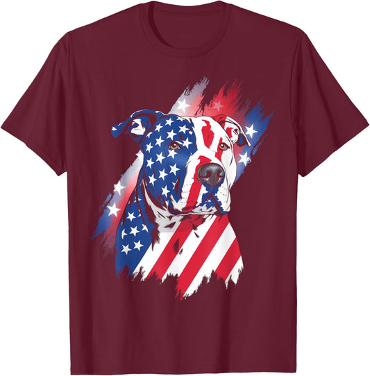 4th Of July American Flag Patriotic Pitbull Terrier T-Shirt - T-Shirt | Maroon