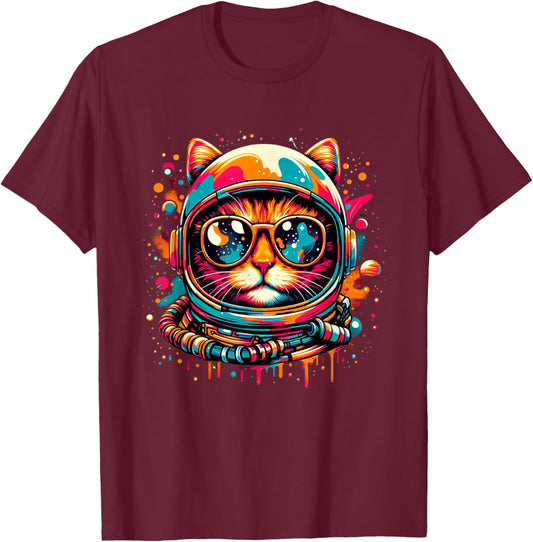 Space Cat Funny Cosmic Astronaut Cat Cute Retro Galaxy Cat Women Kids T-Shirt - T-Shirt | Maroon