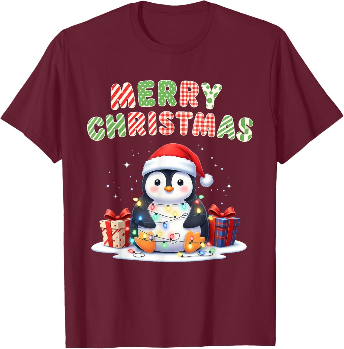 Cute Penguin Merry Christmas Lights Santa Family Pajama Xmas T-Shirt - T-Shirt | Maroon