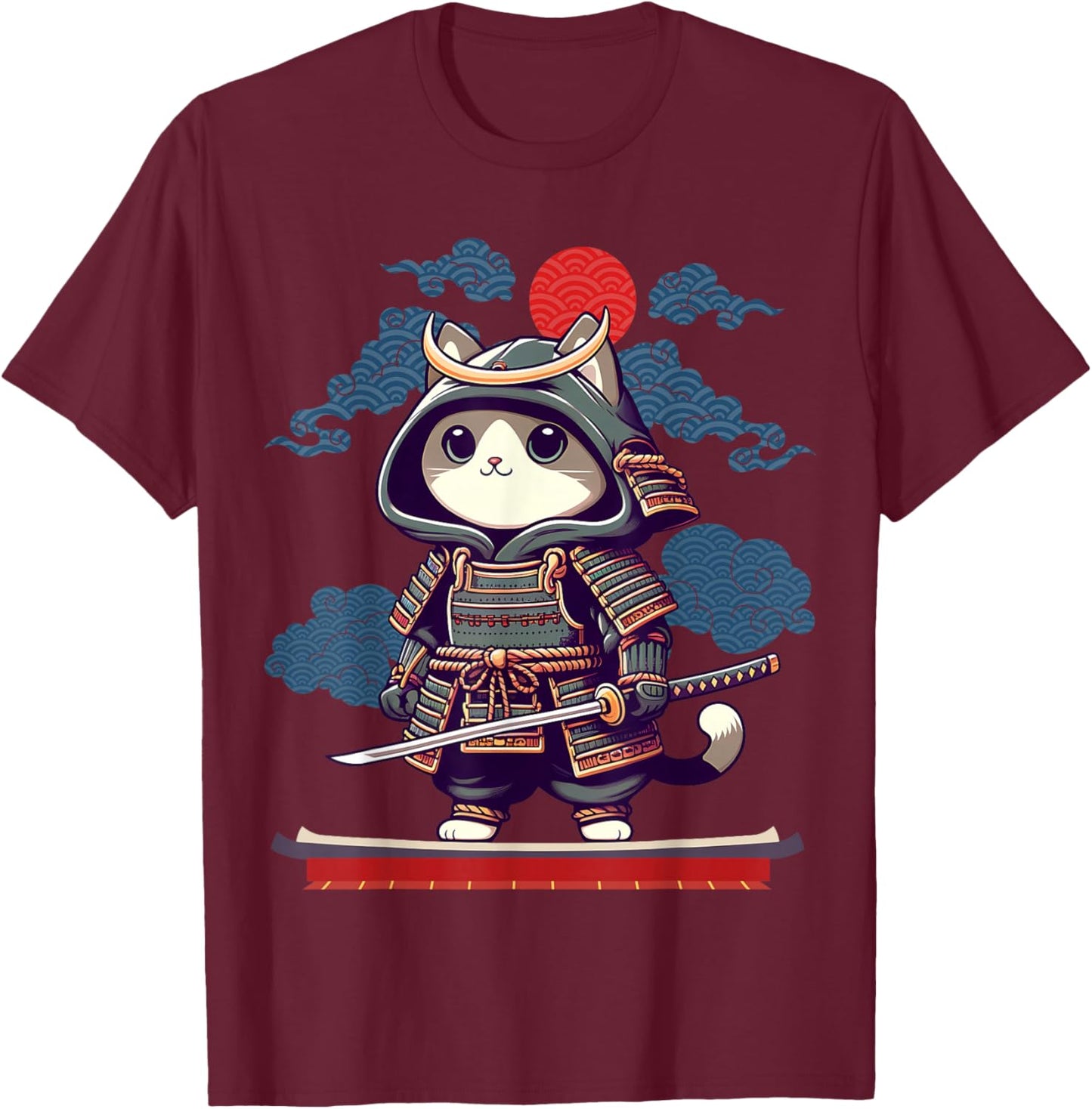 Japanese Samurai Cat Tattoo Kawaii Ninja Cat Anime Cute Kids T-Shirt - T-Shirt | Maroon