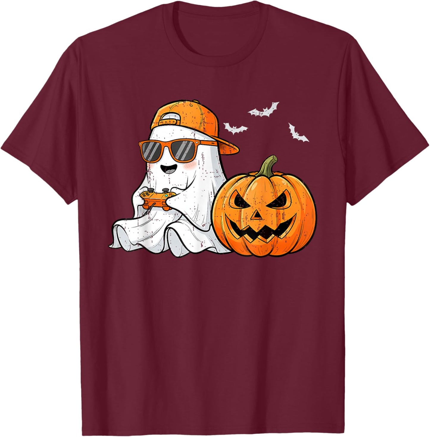 Funny Halloween Boo with Sunglasses Playing Game Gaming Boys T-Shirt - T-Shirt | Maroon