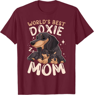 World's Best Doxie Mom, Dachshund with 2 Puppies Mothers Day T-Shirt - T-Shirt | Maroon