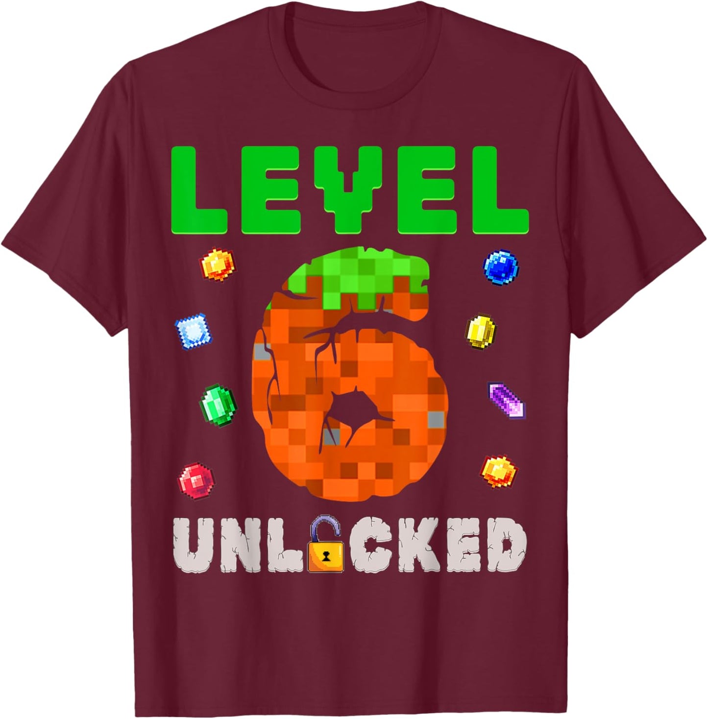 Funny 6th Birthday Boy Level 6 Unlocked Video Game Pixel T-Shirt - T-Shirt | Maroon