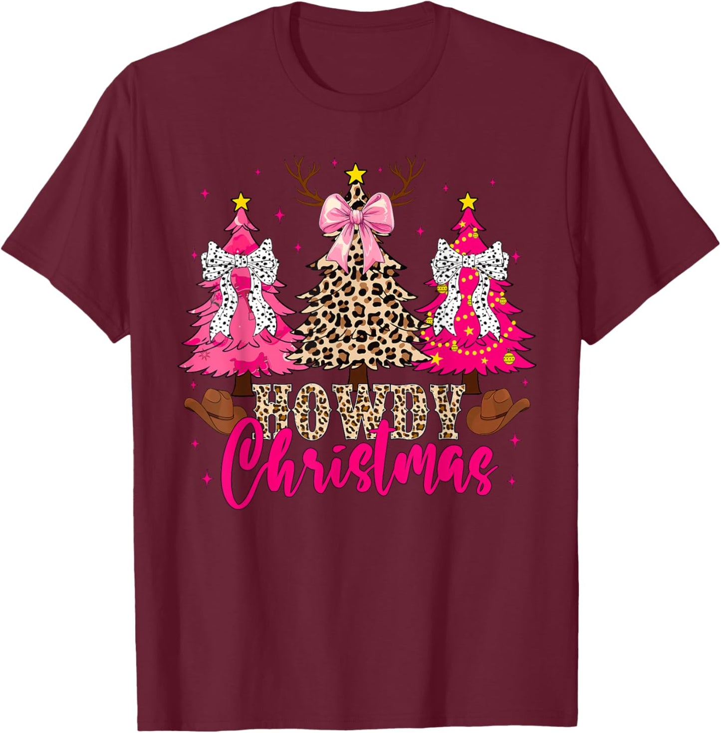 Howdy Christmas Trees Cowgirl Western Coquette Bow Women Kid T-Shirt - T-Shirt | Maroon