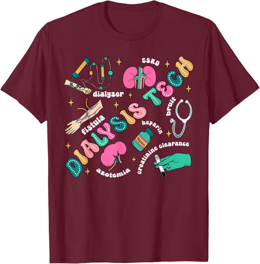 Dialysis Tech Nurse Retro Kidney Crew Tech Nephrology Nurse T-Shirt - T-Shirt | Maroon