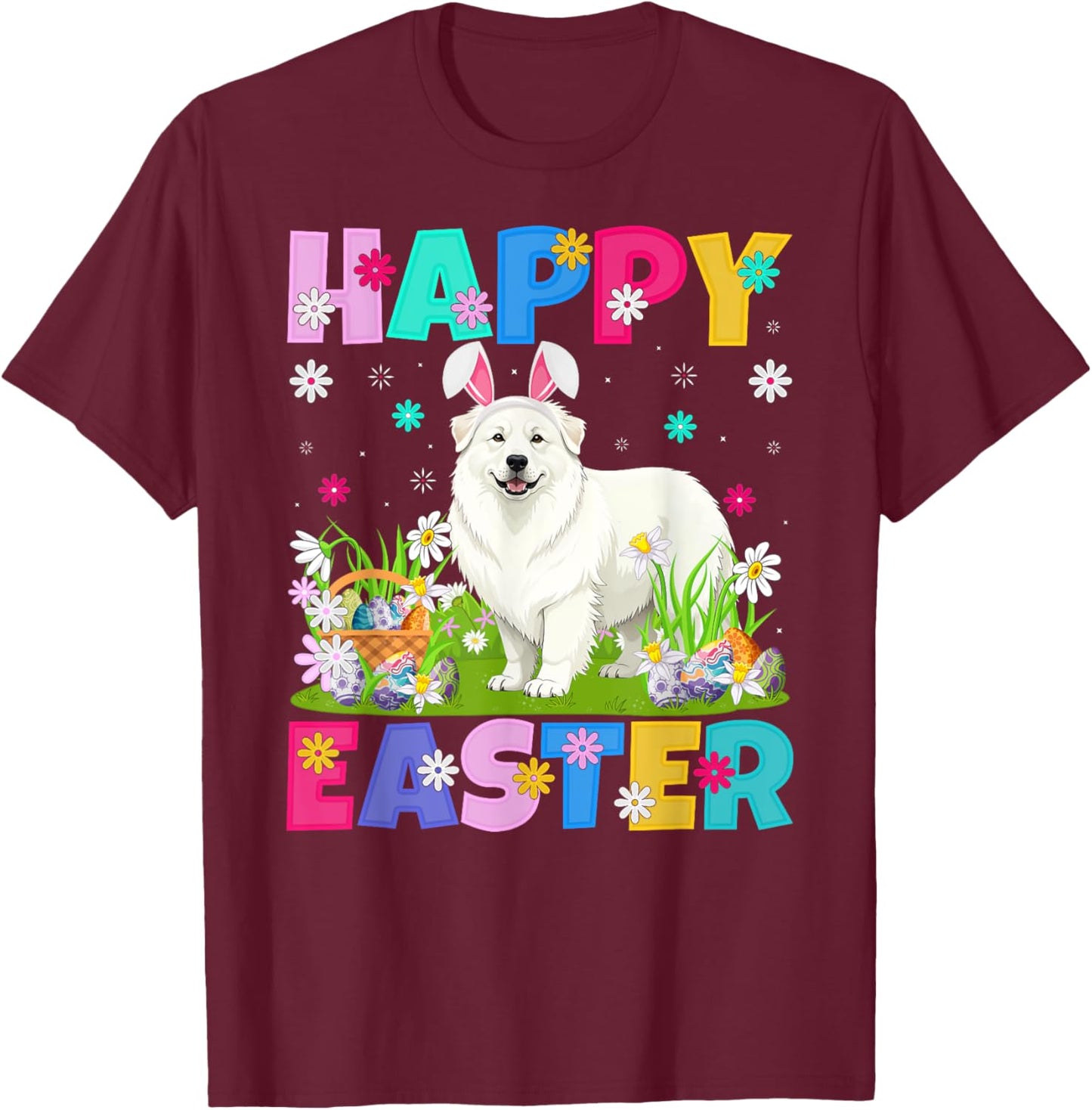 Great Pyrenees Dog Happy Easter Egg Hunt Bunny Ear Easter T-Shirt - T-Shirt | Maroon