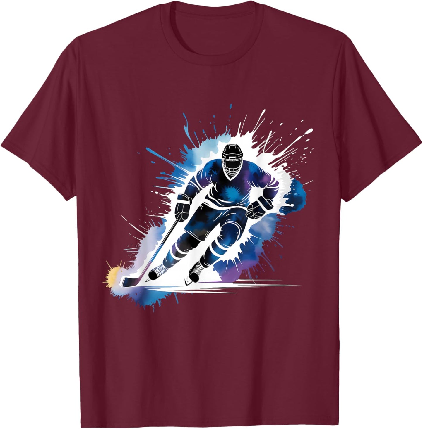 Ice Hockey Player Paint Splash Dye Color Splatter Art T-Shirt - T-Shirt | Maroon